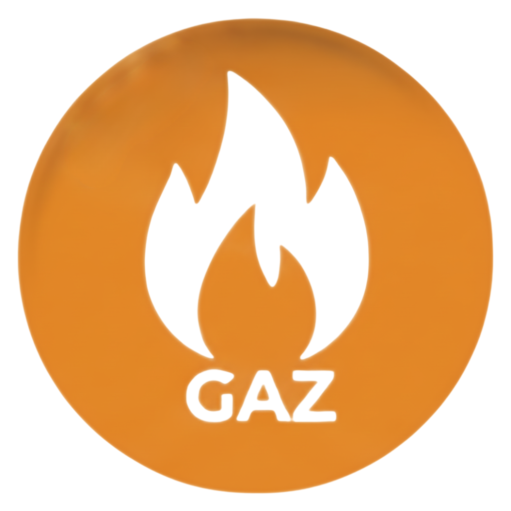 Icône de flamme blanche avec le texte « GAZ », dans un cercle orange.