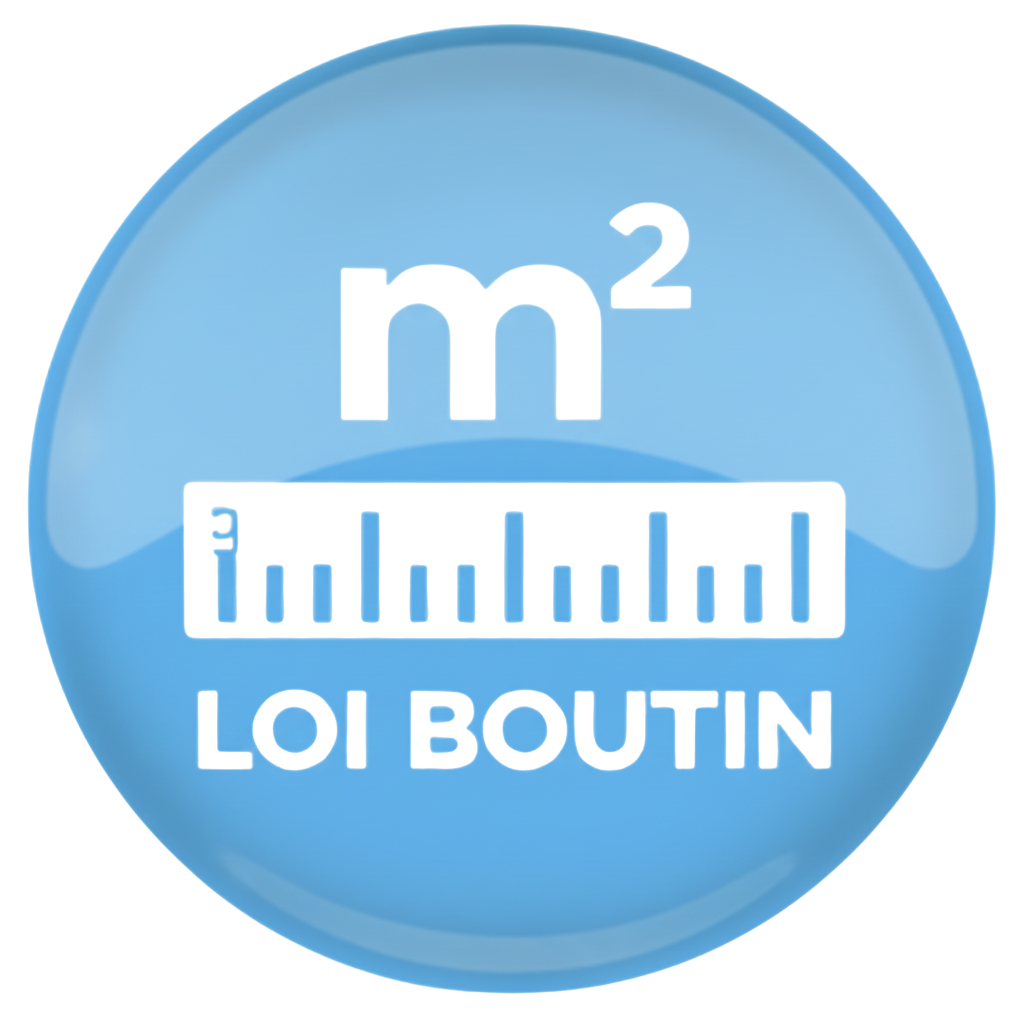 Bouton bleu avec « m² », une icône de règle et le texte « LOI BOUTIN ».