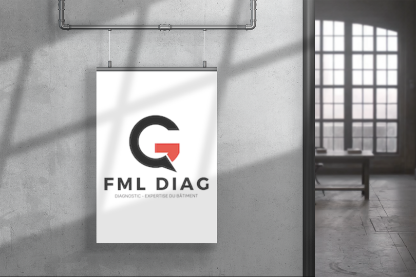 Affiche murale ornée du logo « FML DIAG ». Elle comporte un « G » stylisé avec un accent rouge.