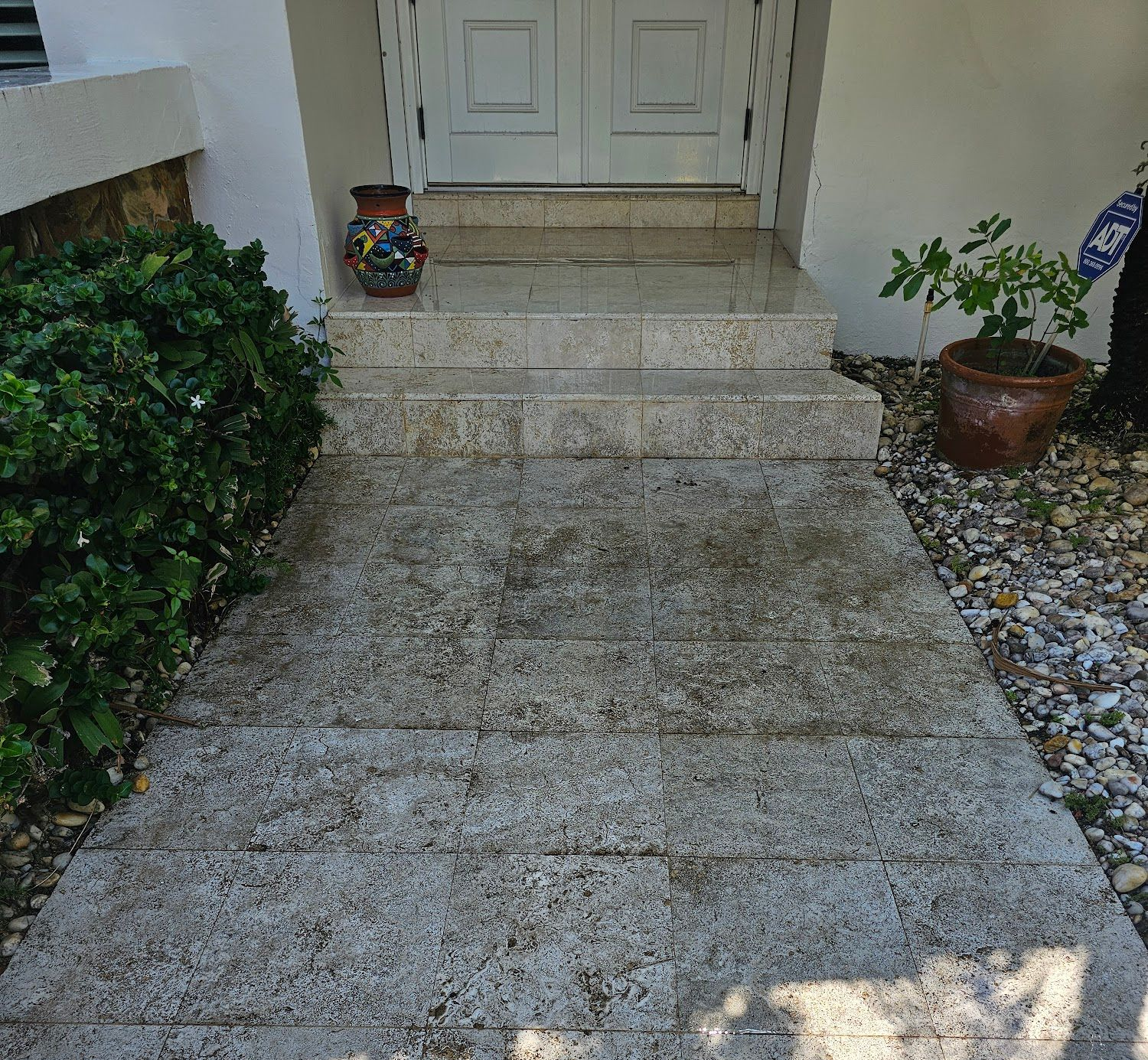 Stone walkway leading to a white front door with two steps, flanked by bushes and potted plants.