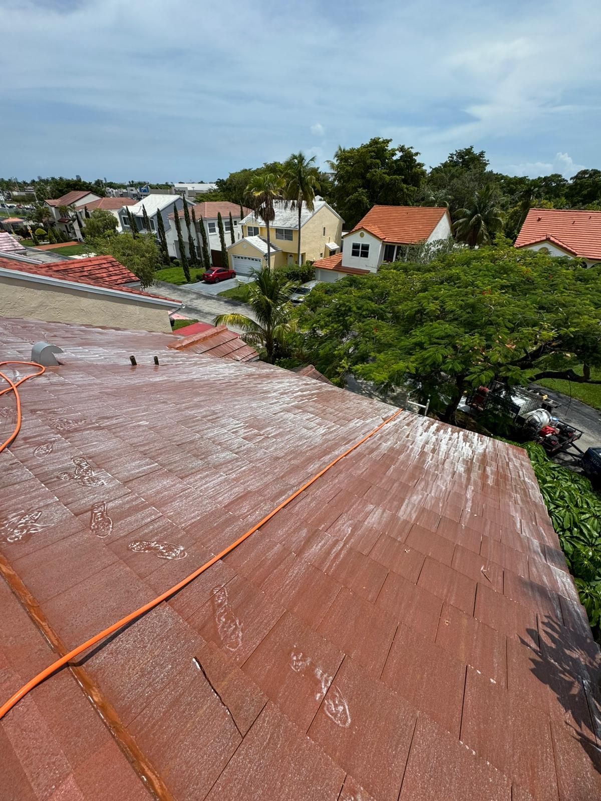 Red roof covered in white powder; neighborhood houses in background.