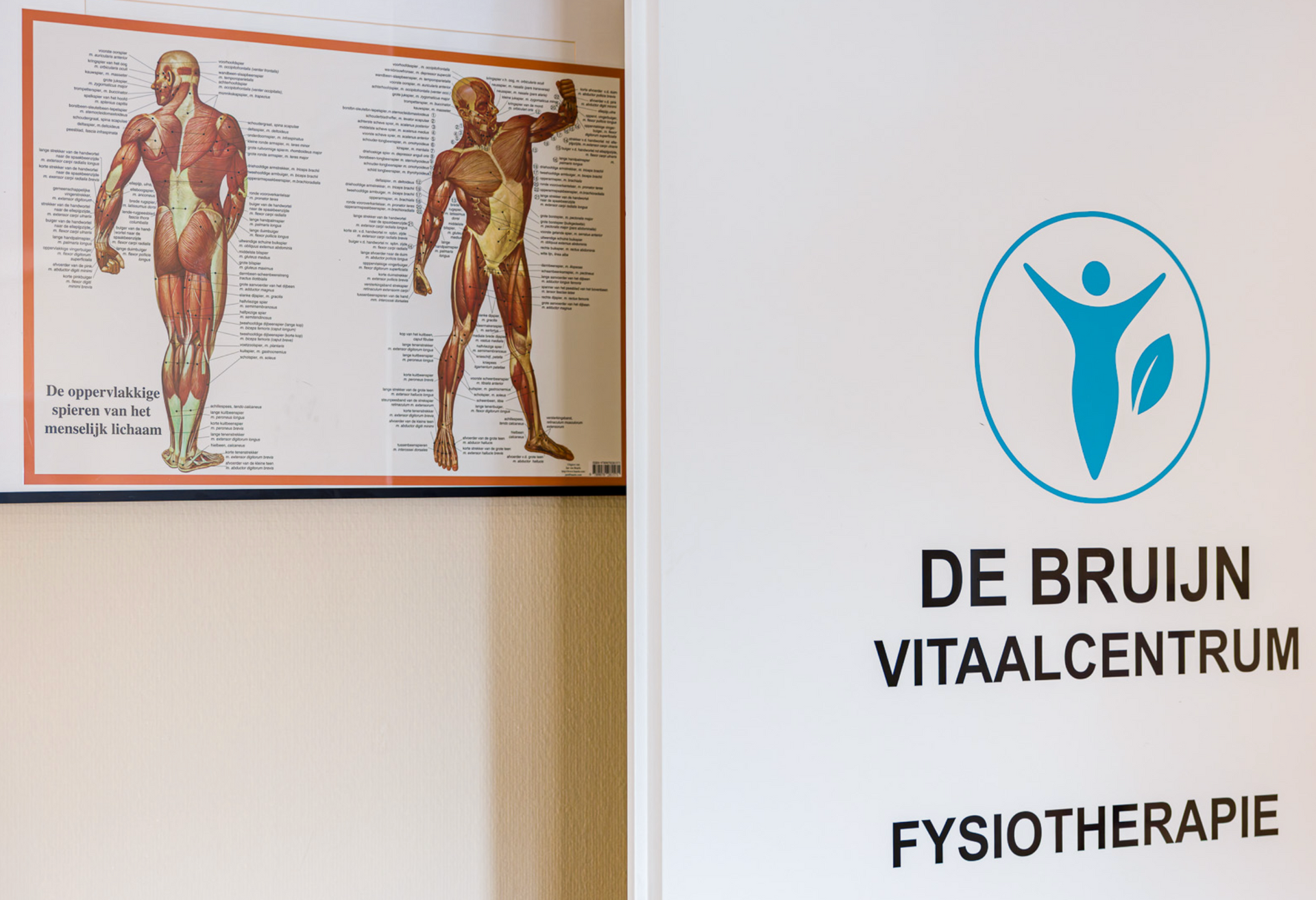 Poster of muscles next to a door with a logo for 