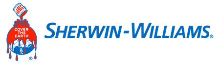 Sherwin-Williams logo with a red paint can pouring paint over a blue globe icon