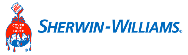 Sherwin-Williams logo: paint can pouring red paint over the Earth, with the brand name in blue.