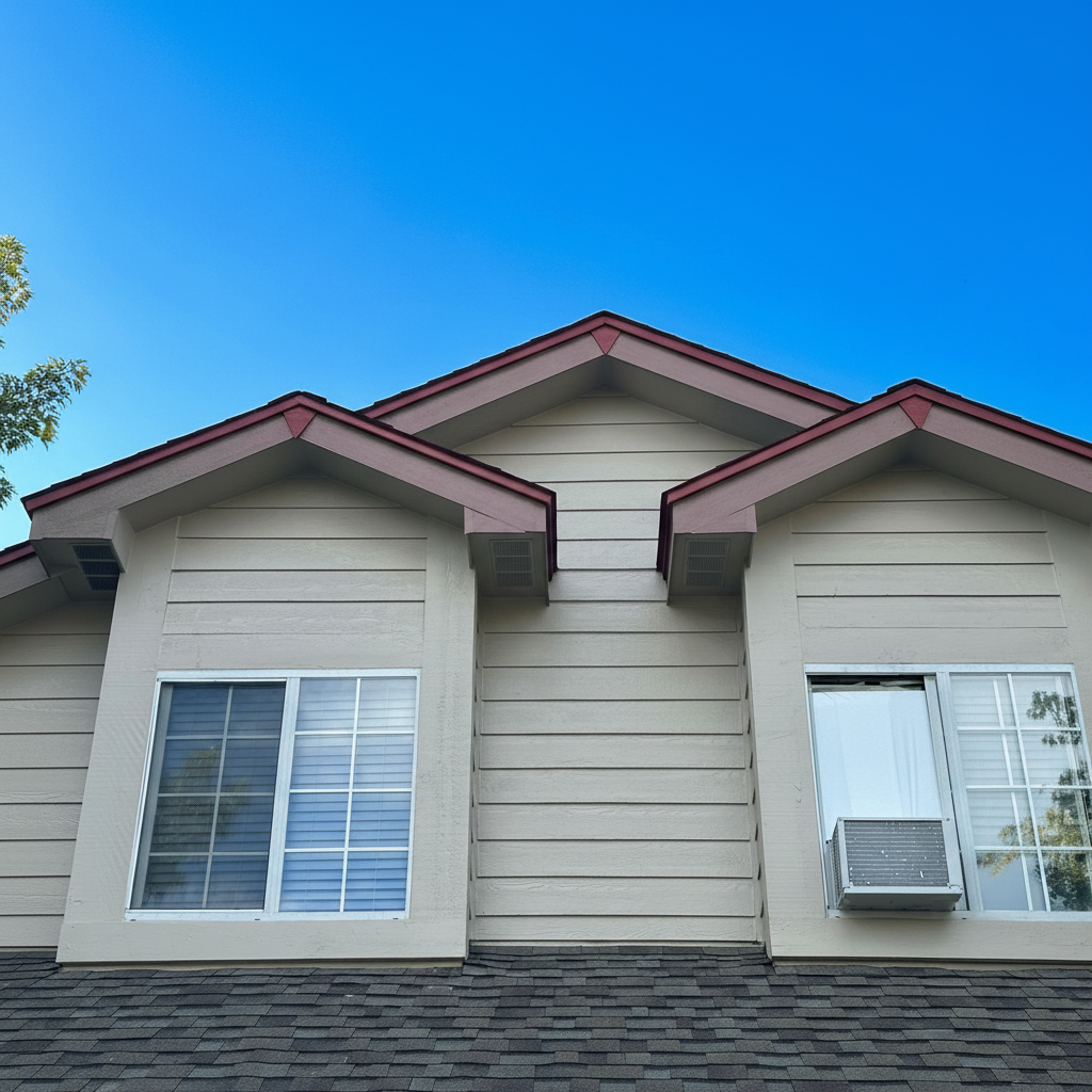 A house with two windows and an air conditioner on the side