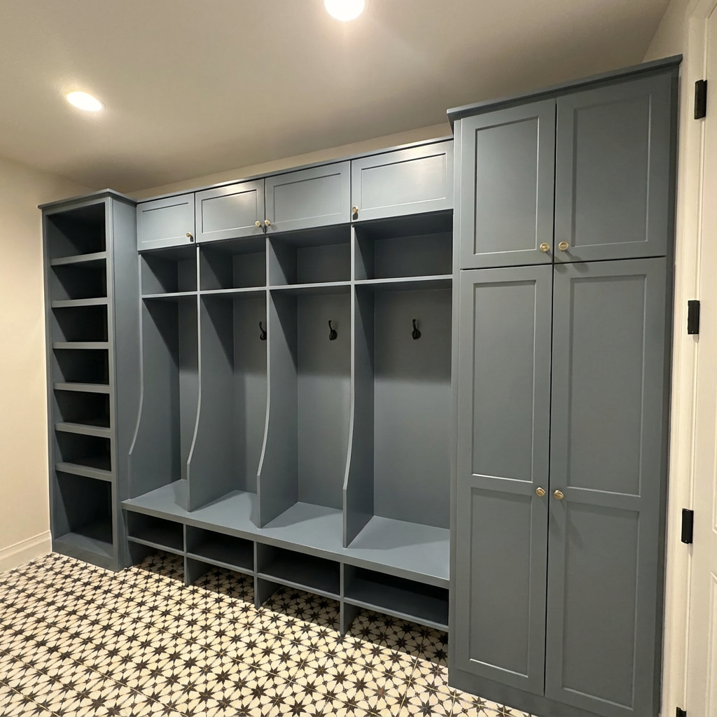 A mud room with a lot of cabinets and shelves.