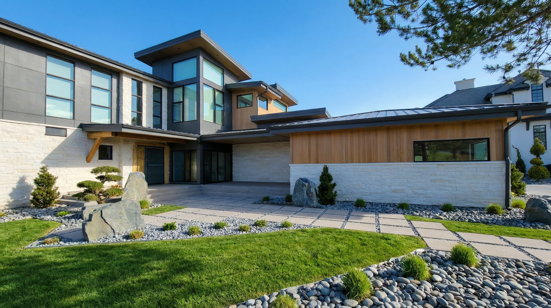 A large house with a lot of windows and a lot of rocks in front of it.