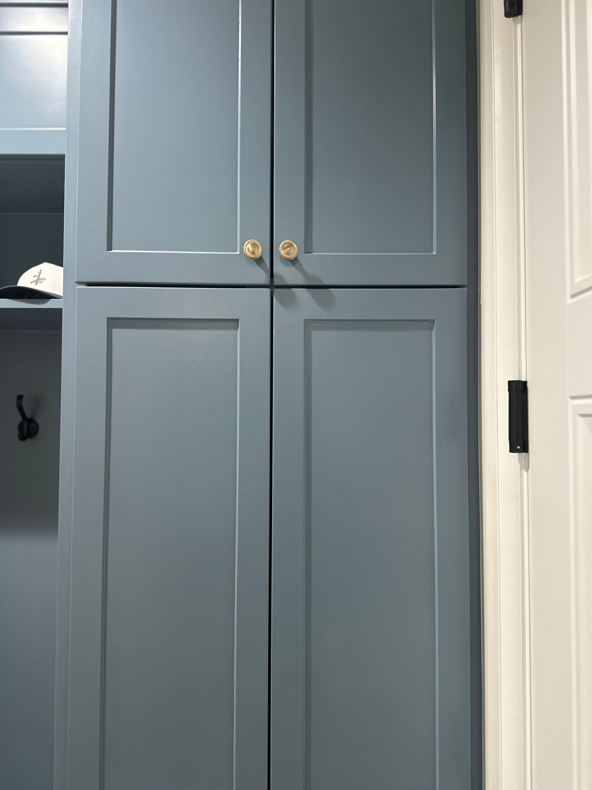 A gray cabinet with gold handles is next to a white door