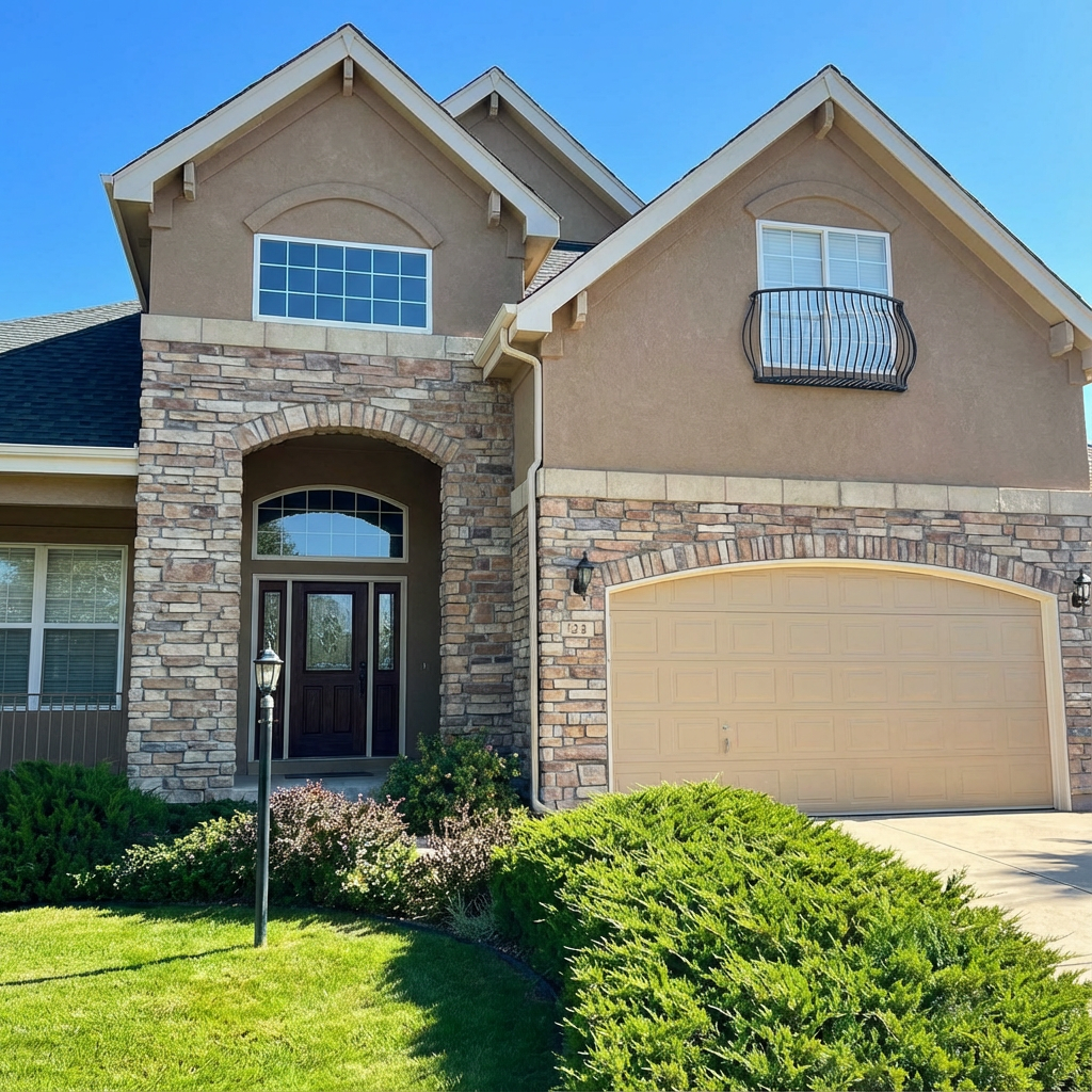 Two-story house with stone and stucco facade, arched entryway, and tan garage door.