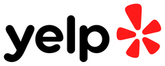 Yelp logo: Black text with red starburst graphic.