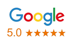 Google logo with 5.0 stars rating.