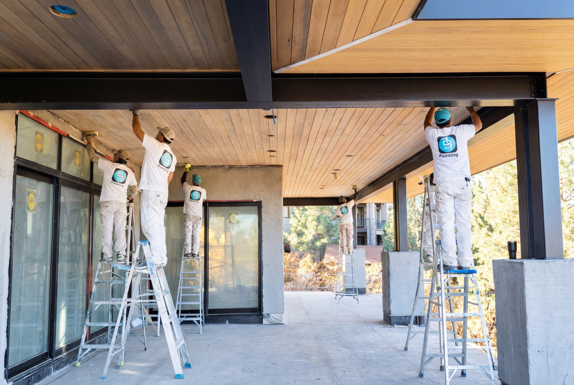 A group of people are painting the ceiling of a building.