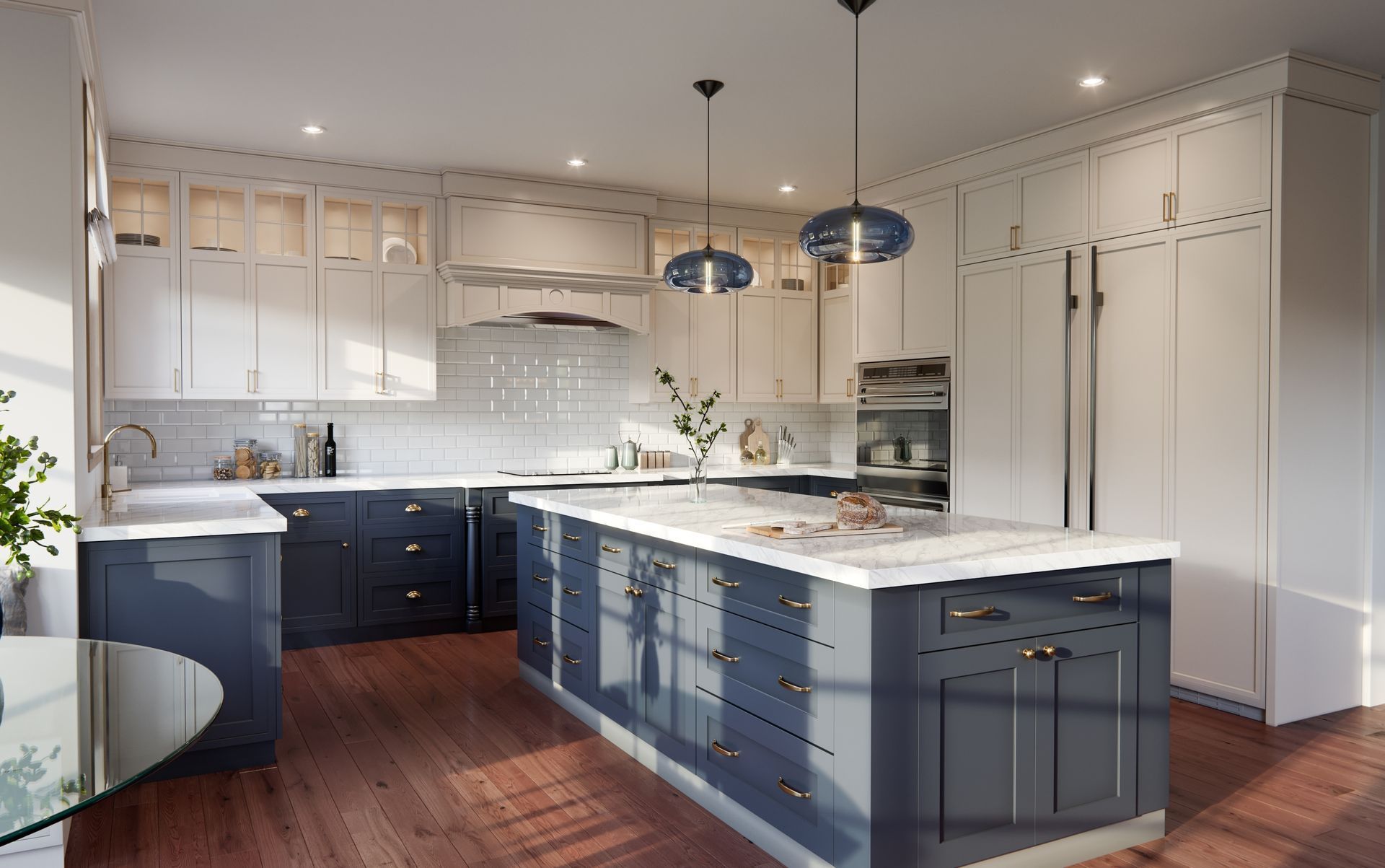 Modern kitchen with navy blue island, white cabinets, marble counters, and wood floors.