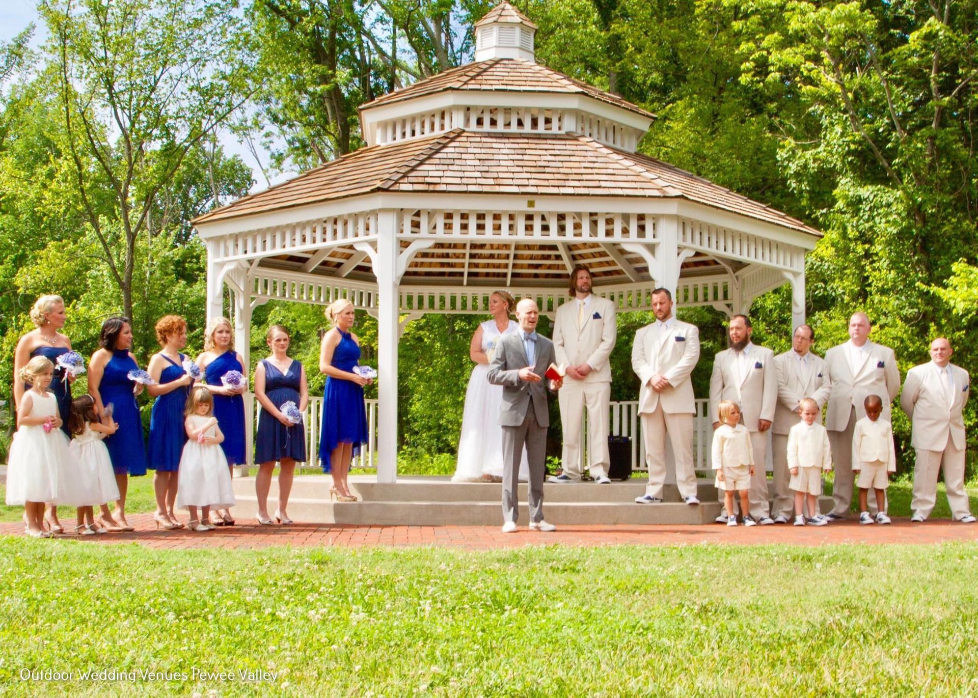Wedding party gathered at a gazebo in a park, with the couple at center and attendants in blue and white gowns and suits
