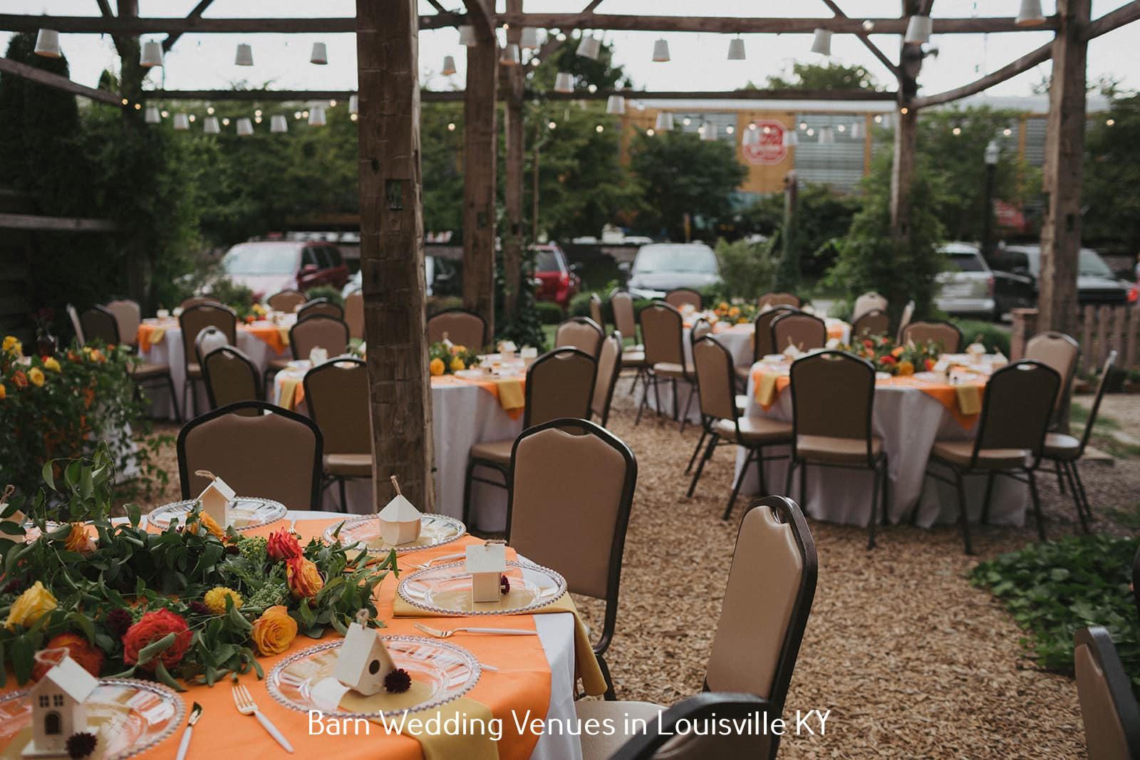 Outdoor wedding reception with round tables, tan chairs, and orange floral centerpieces under a wooden pergola.