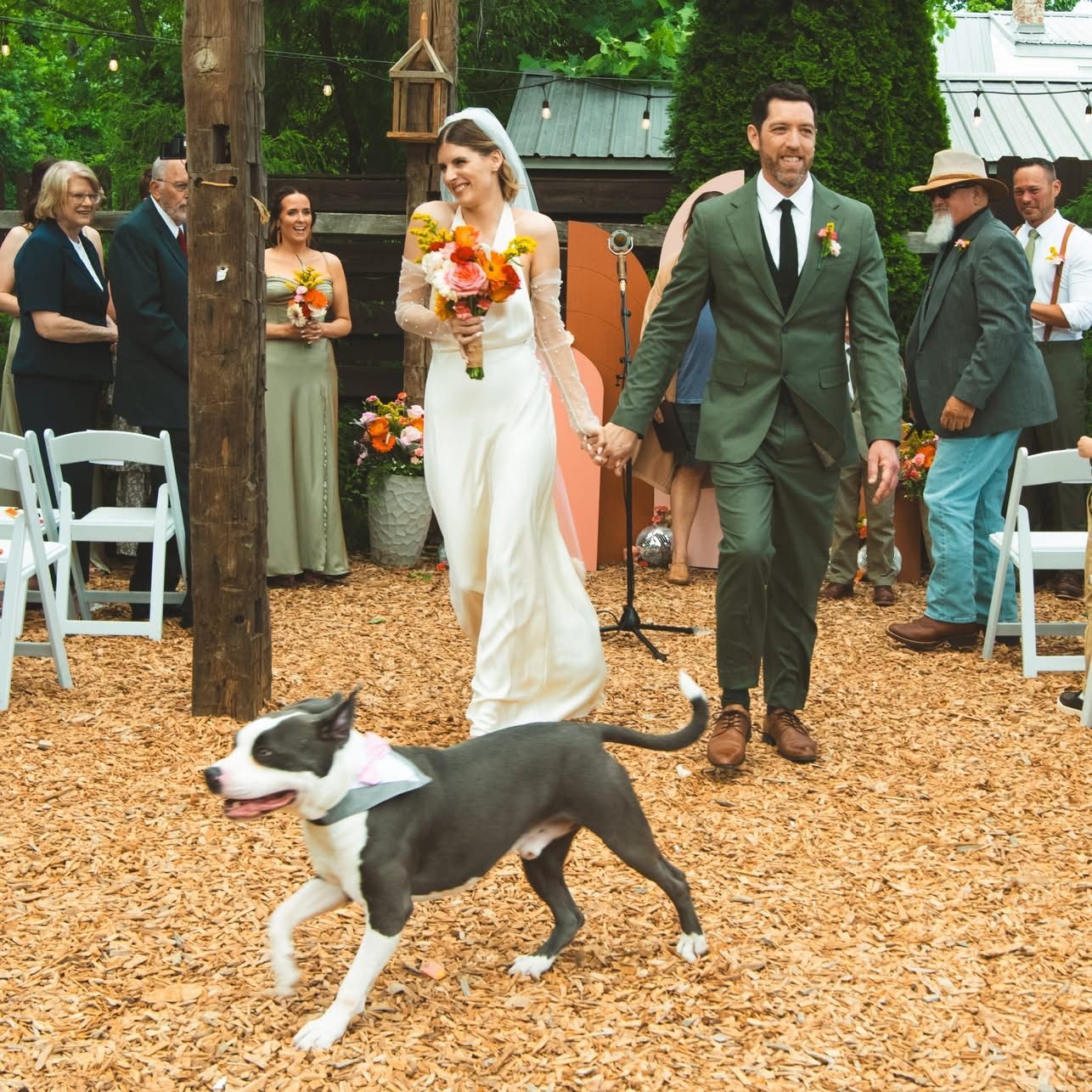 Newlyweds walking the aisle together with their dog