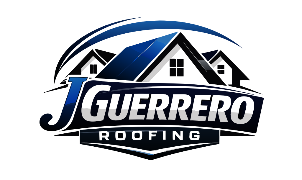 Logo for J. Guerrero Roofing, featuring a house silhouette in blue and black, with