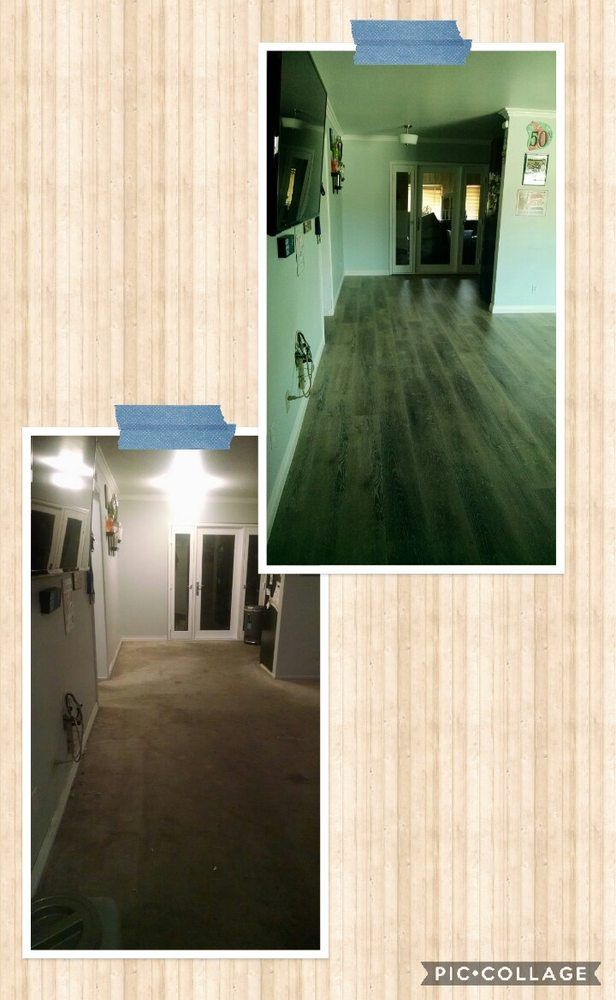 A before-and-after collage showing a home interior with carpet replaced by wood-look flooring.