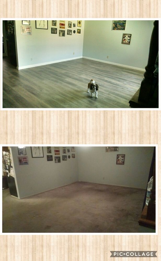 A split-screen comparison showing a room before and after replacing stained carpet with new grey wood-look flooring.