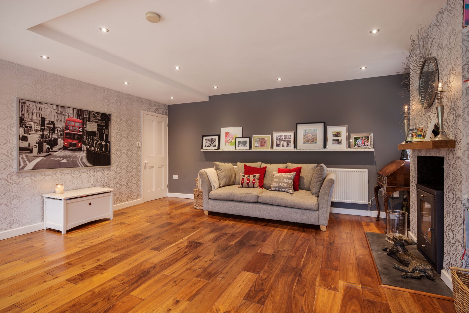 Living room with gray sofa.