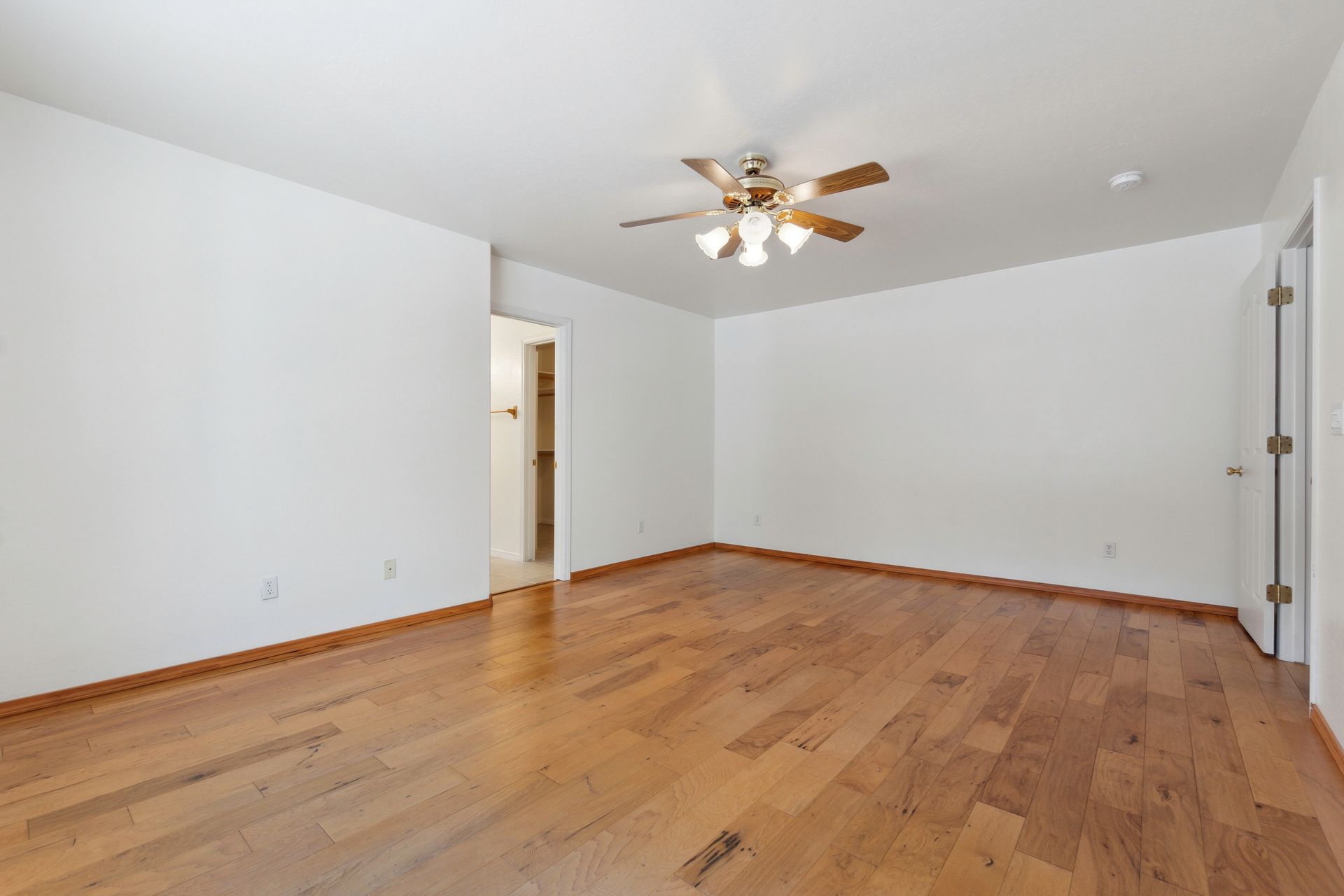 Empty bedroom with wood floors, white walls, and a ceiling fan.