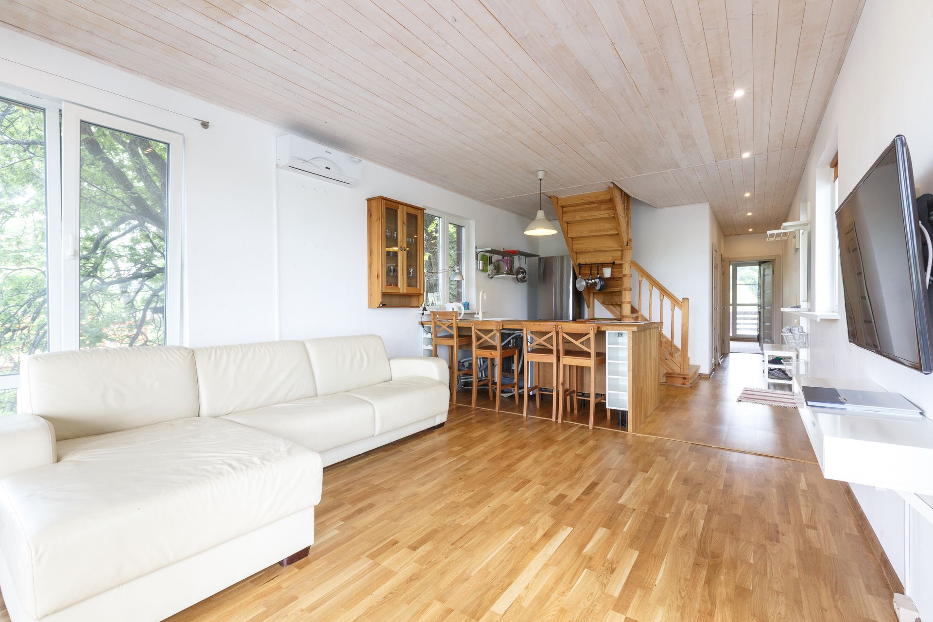 Living room with wood floors.