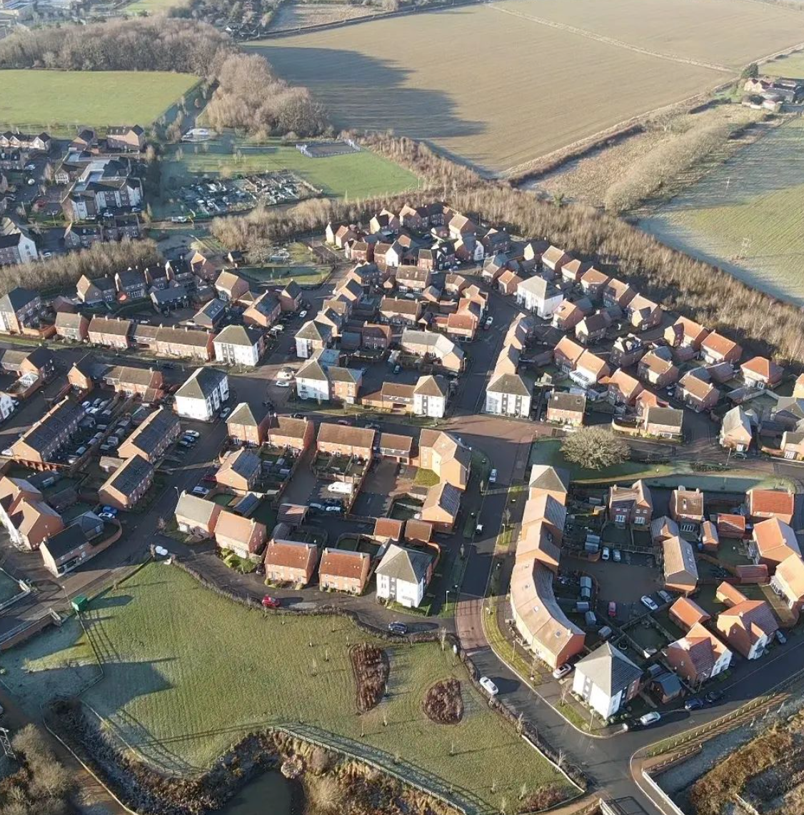 overhead view of residential properties in rural location