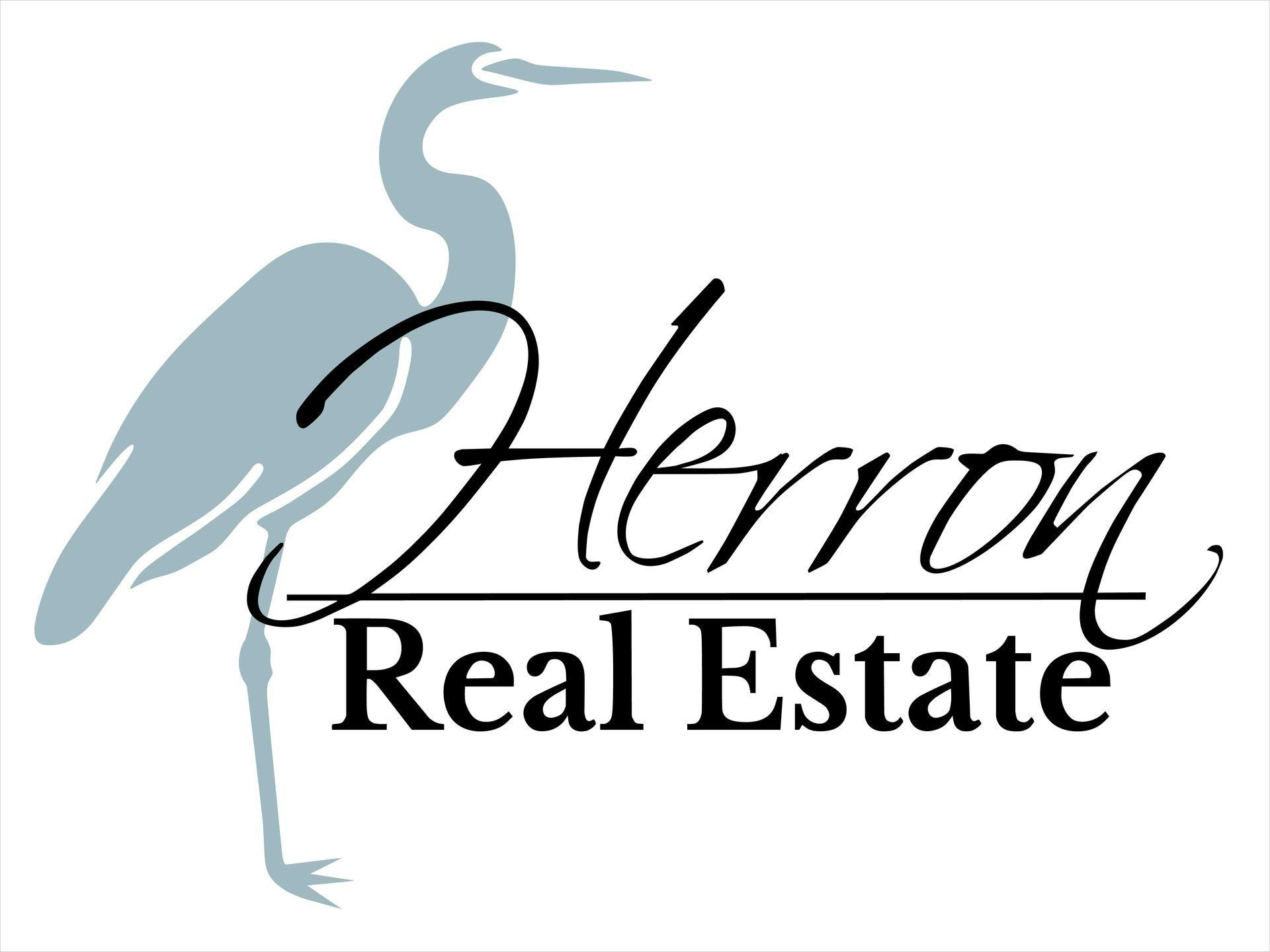 Logo for Herron Real Estate: a stylized blue heron beside black cursive text