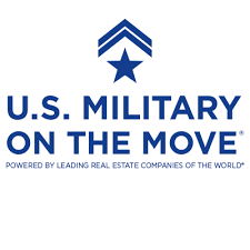 Logo for U.S. Military On The Move, with blue chevron and star emblem above text on a white background.