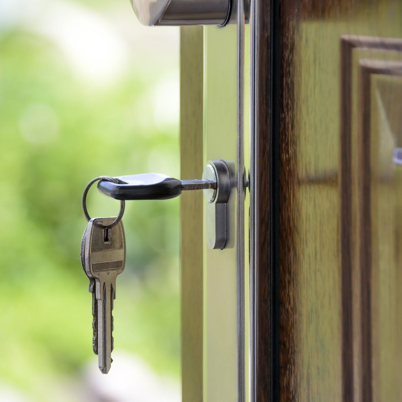 Key in a door, partially open, revealing a green blurred background.