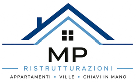 Logo with blue roof and black MP text for Ristrutturazioni, Apartmenti, Ville, Chiavi in mano