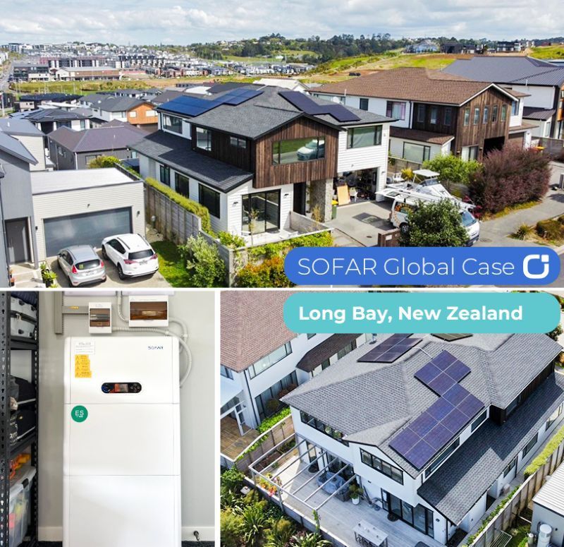 House rooftop solar panels in Long Bay, New Zealand, with inverter and neighborhood view — Macleay Energy Solutions In Kempsey, NSW