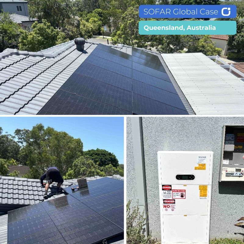 Solar panels on a tiled roof in Queensland, Australia, with installer and inverter unit visible — Macleay Energy Solutions In Kempsey, NSW