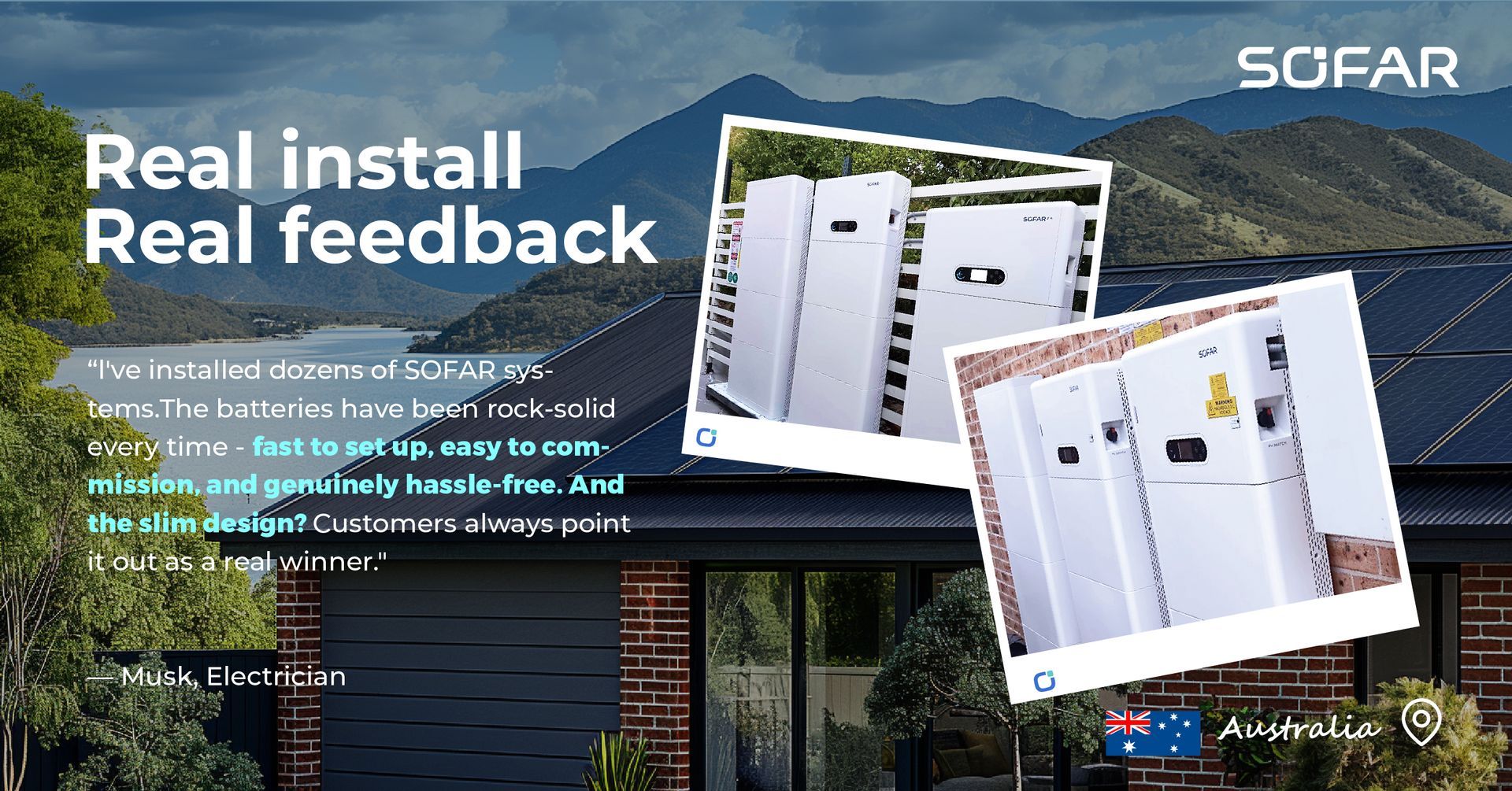 Snowy backyard with two white solar inverters and “Real install, Real feedback” text overlay — Macleay Energy Solutions In Crescent Head, NSW