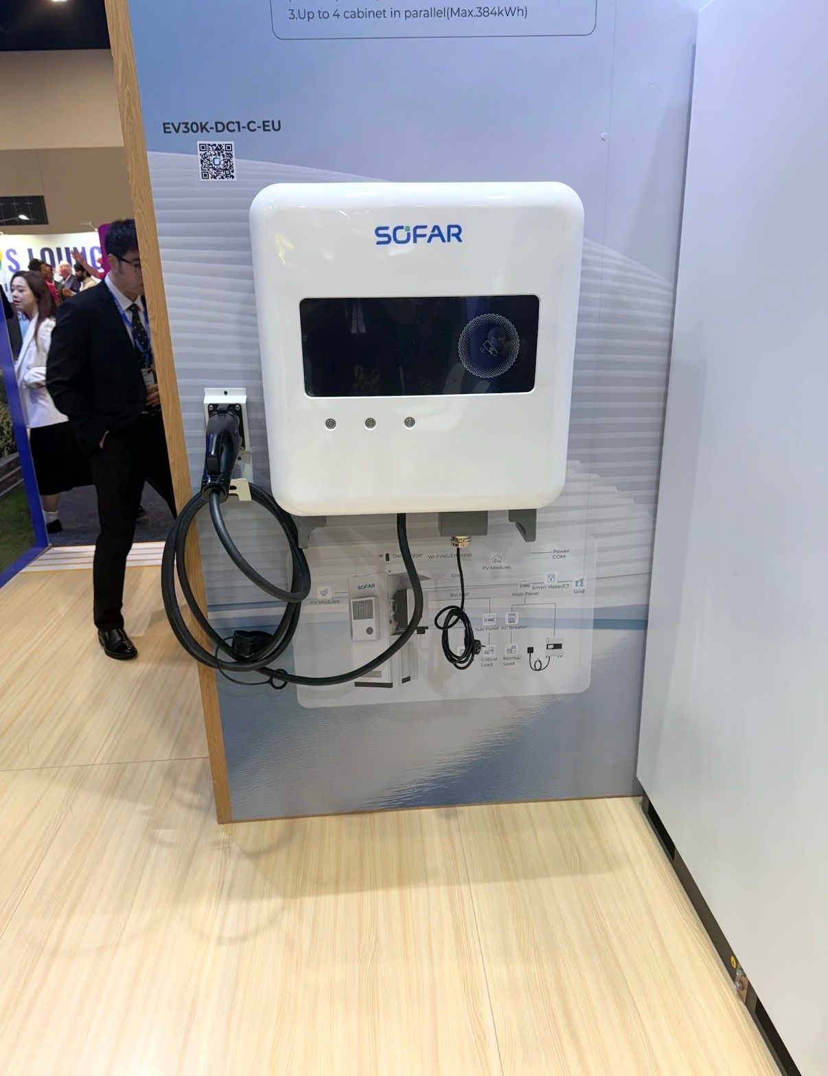 Wall-mounted white SOFAR solar inverter display at an indoor trade show booth with cables hanging below — Macleay Energy Solutions In Crescent Head, NSW