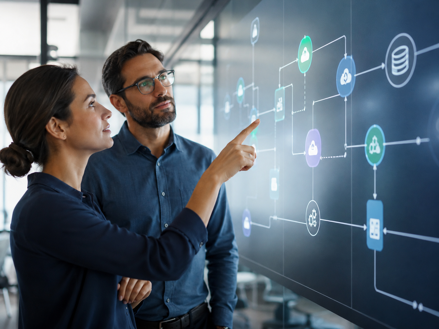 Two specialists connecting systems and workflows on a visual integration board