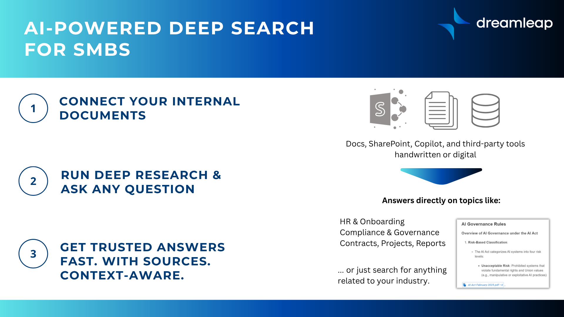 AI-powered deep search for small businesses. Shows the process: connect documents, run research, and get answers with sources.