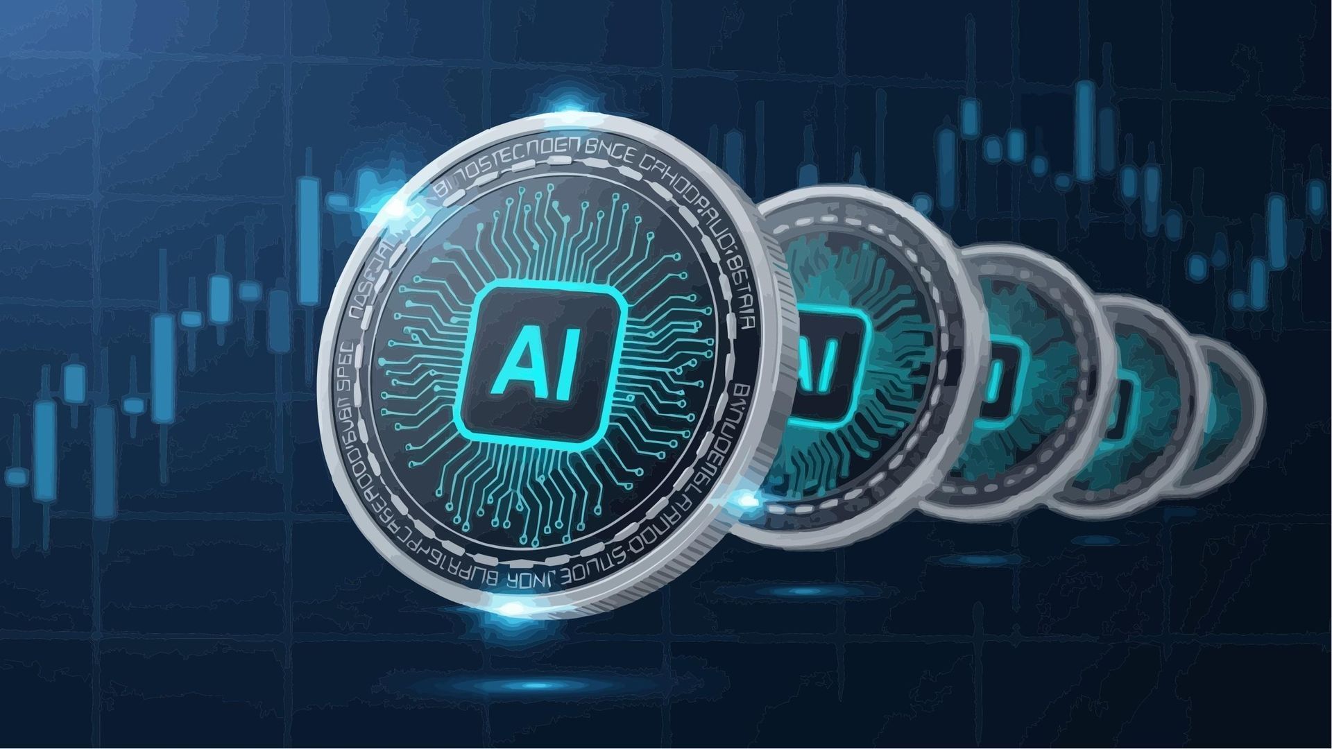 Glowing AI coins aligned in a row on a dark blue digital background