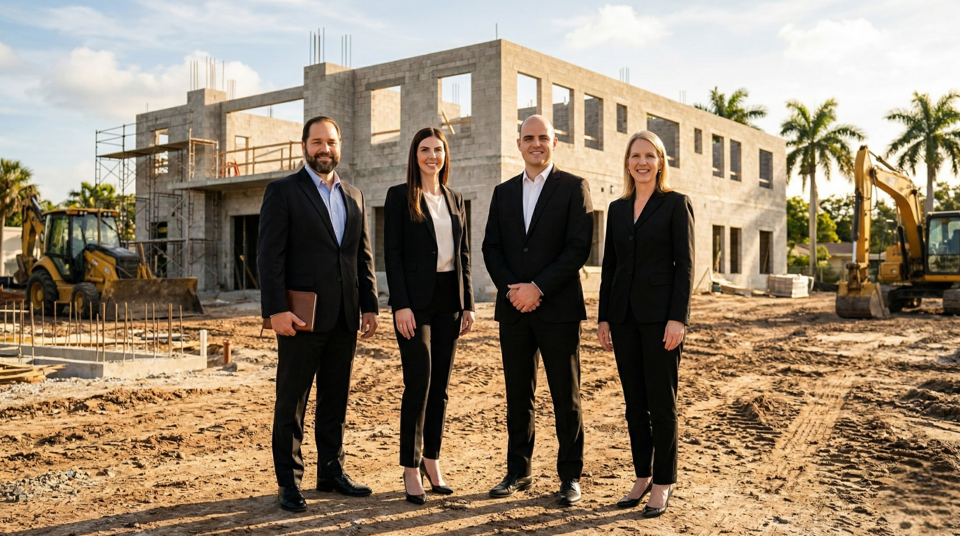 Four businesspeople stand in front of a building under construction at a site.