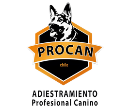 Logotipo de PROCAN con un pastor alemán y el texto “Adiestramiento Profesional Canino” en negro y naranja.