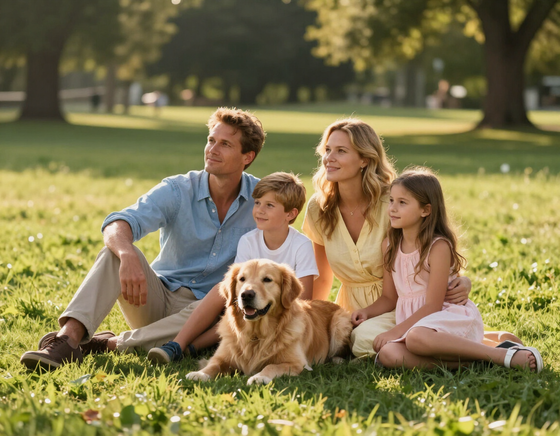 Familia con su perro entrenado y equilibrado