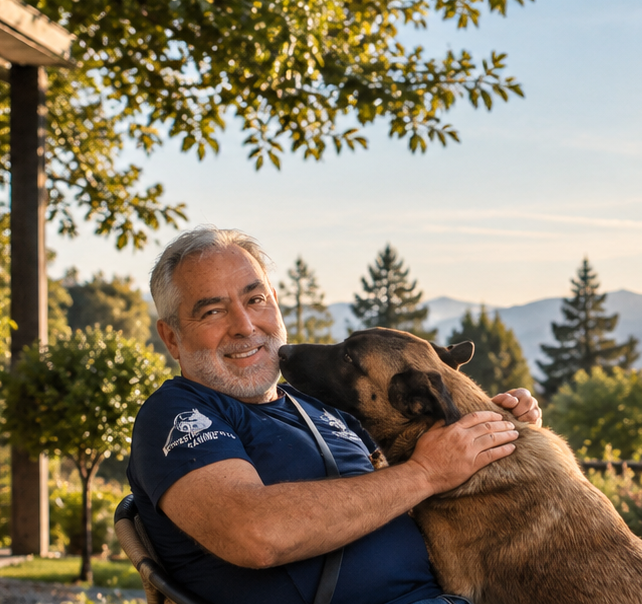 Perro tranquilo y obediente junto a su dueño