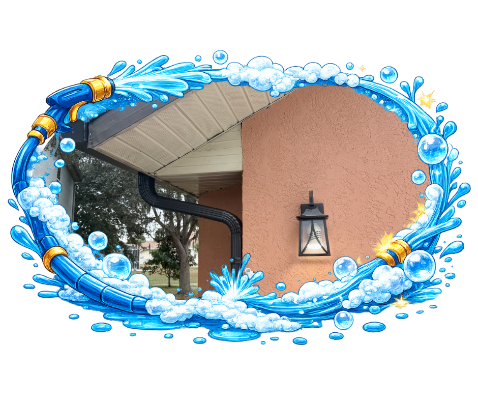 A house exterior being washed with water from a hose, outlined with blue water splashes and bubbles.
