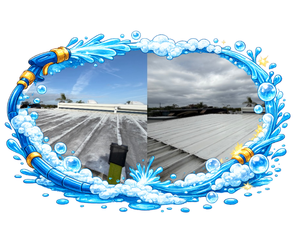 Roof cleaning before and after, framed by a cartoon hose spraying water, showcasing a clean and dirty roof.