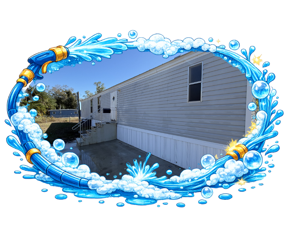 Side view of a light gray mobile home being washed with a blue water hose, set against a blue sky.