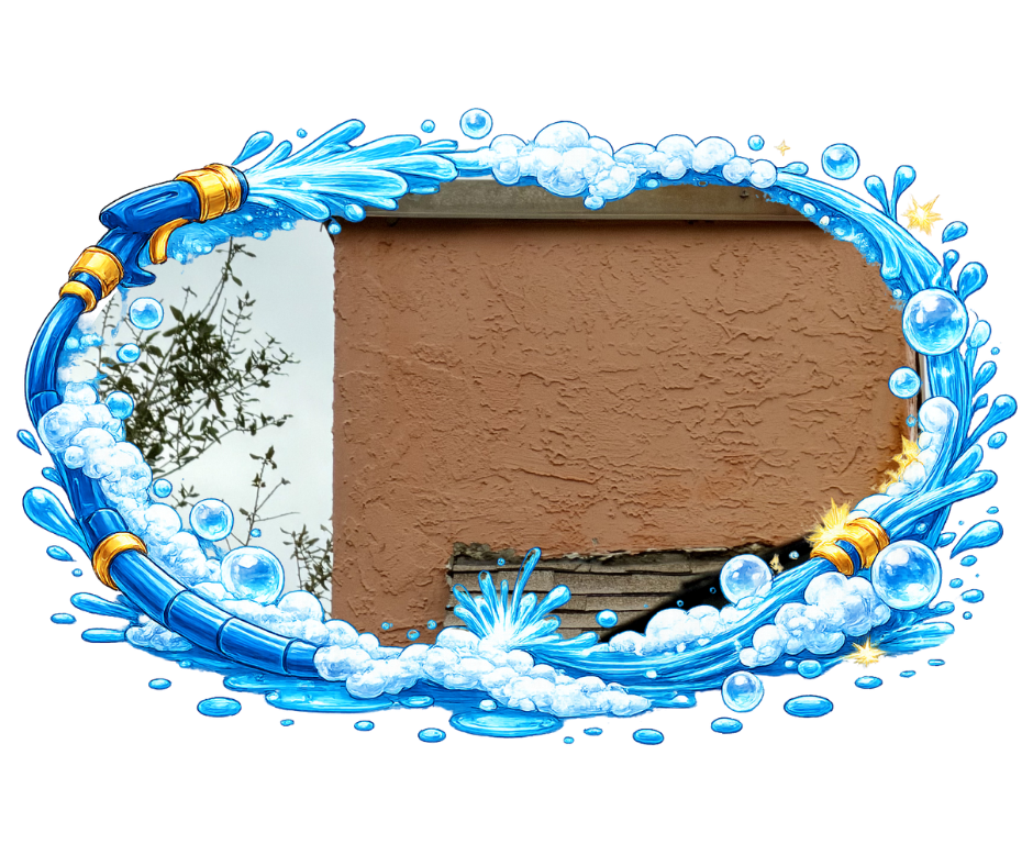 Blue hose spraying water, framing brown wall.