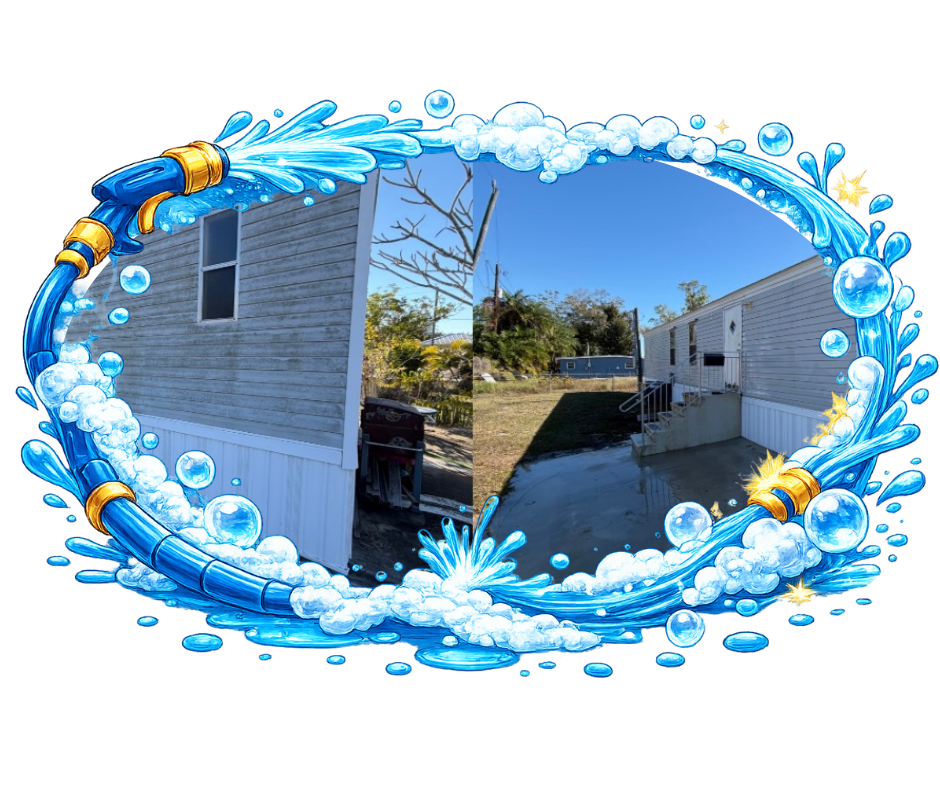 Two photos of a mobile home surrounded by a cartoon hose and bubbles, implying house washing.