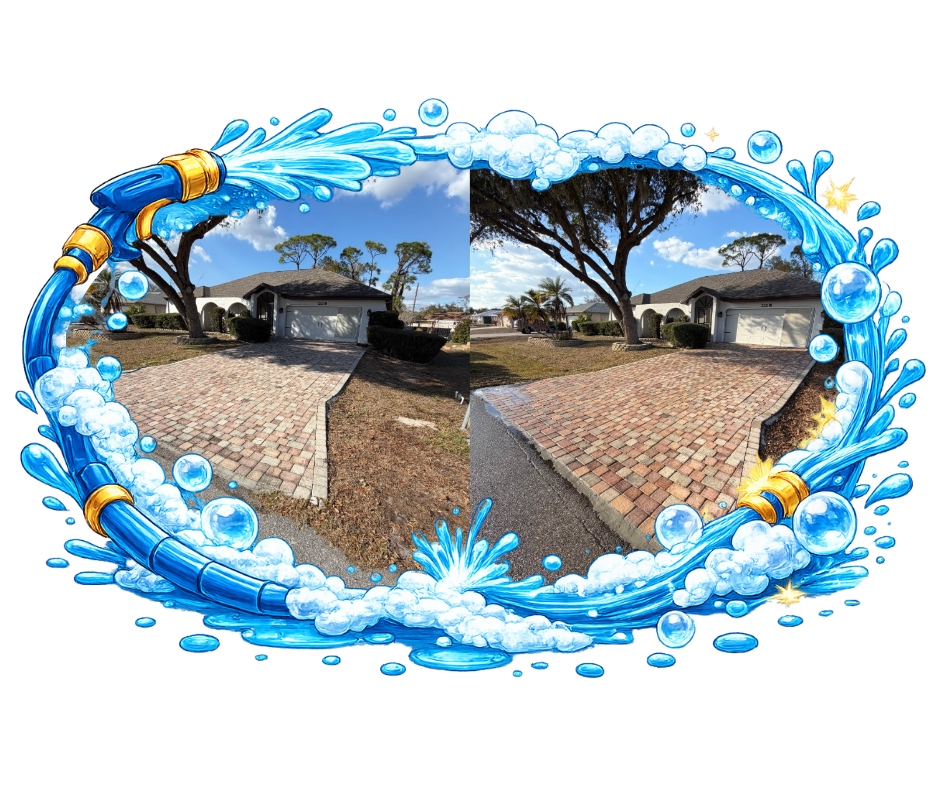 Before and after of a brick driveway being pressure washed. Blue hose and water cartoon frame.