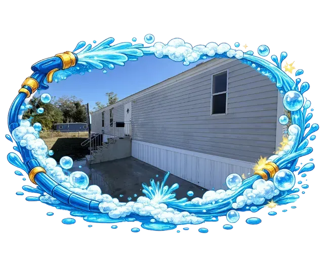 Side view of a light gray mobile home being washed with a blue water hose, set against a blue sky.