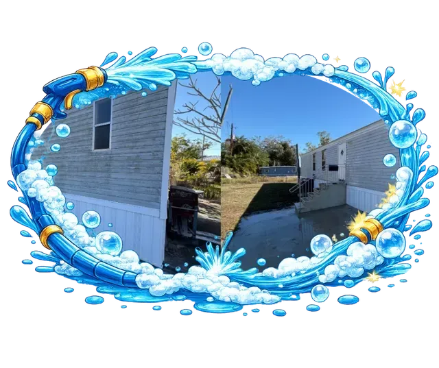 Two photos of a mobile home surrounded by a cartoon hose and bubbles, implying house washing.